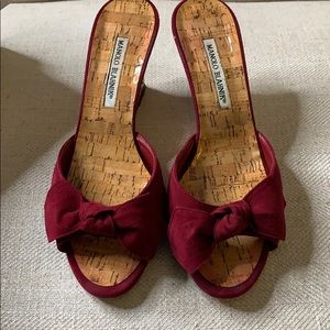 Manolo Blahnik red suede cork wedge.